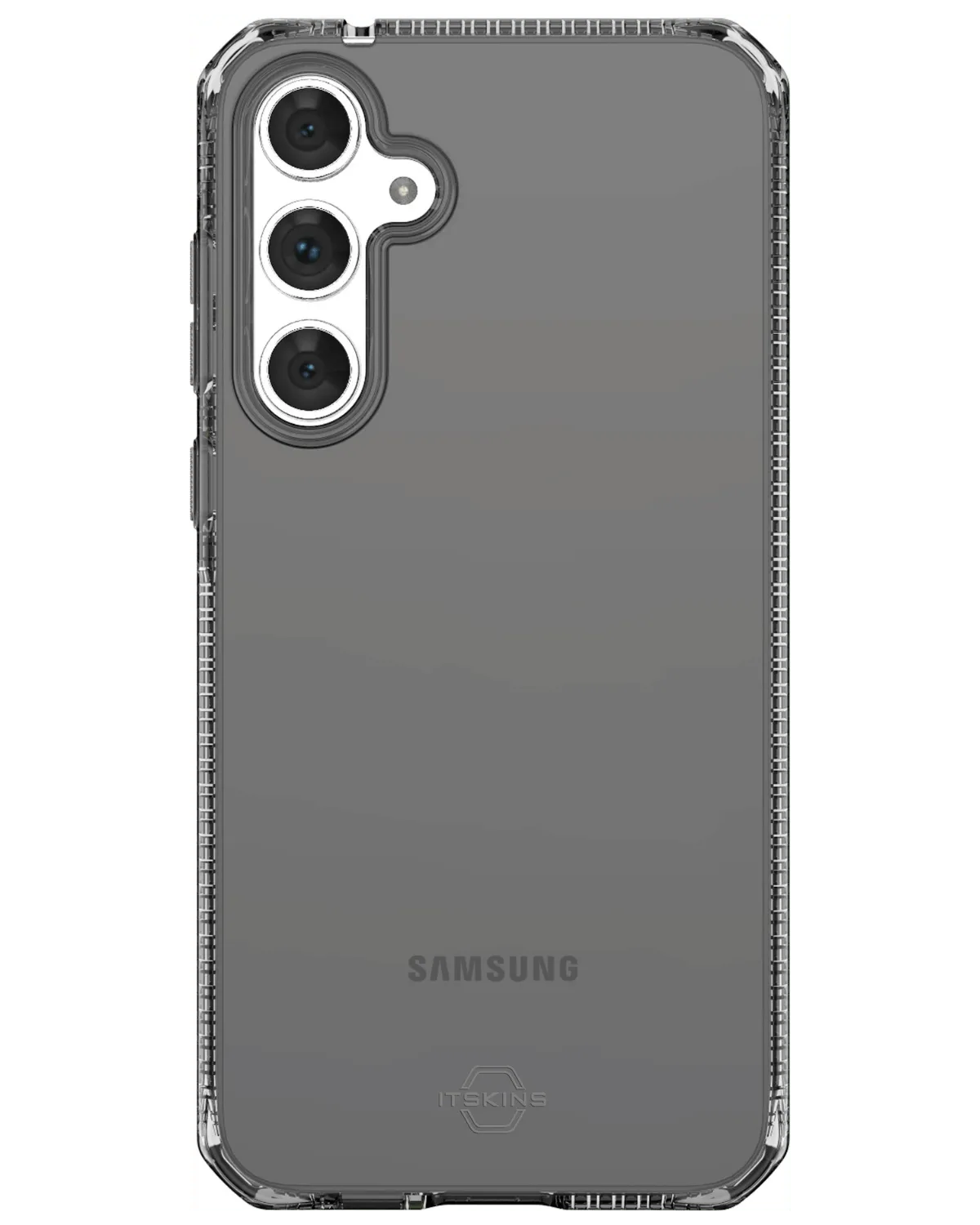 Samsung Galaxy A55 in smokegrijs Itskins telefoonhoesje met zichtbare driedubbele camera en strak design.