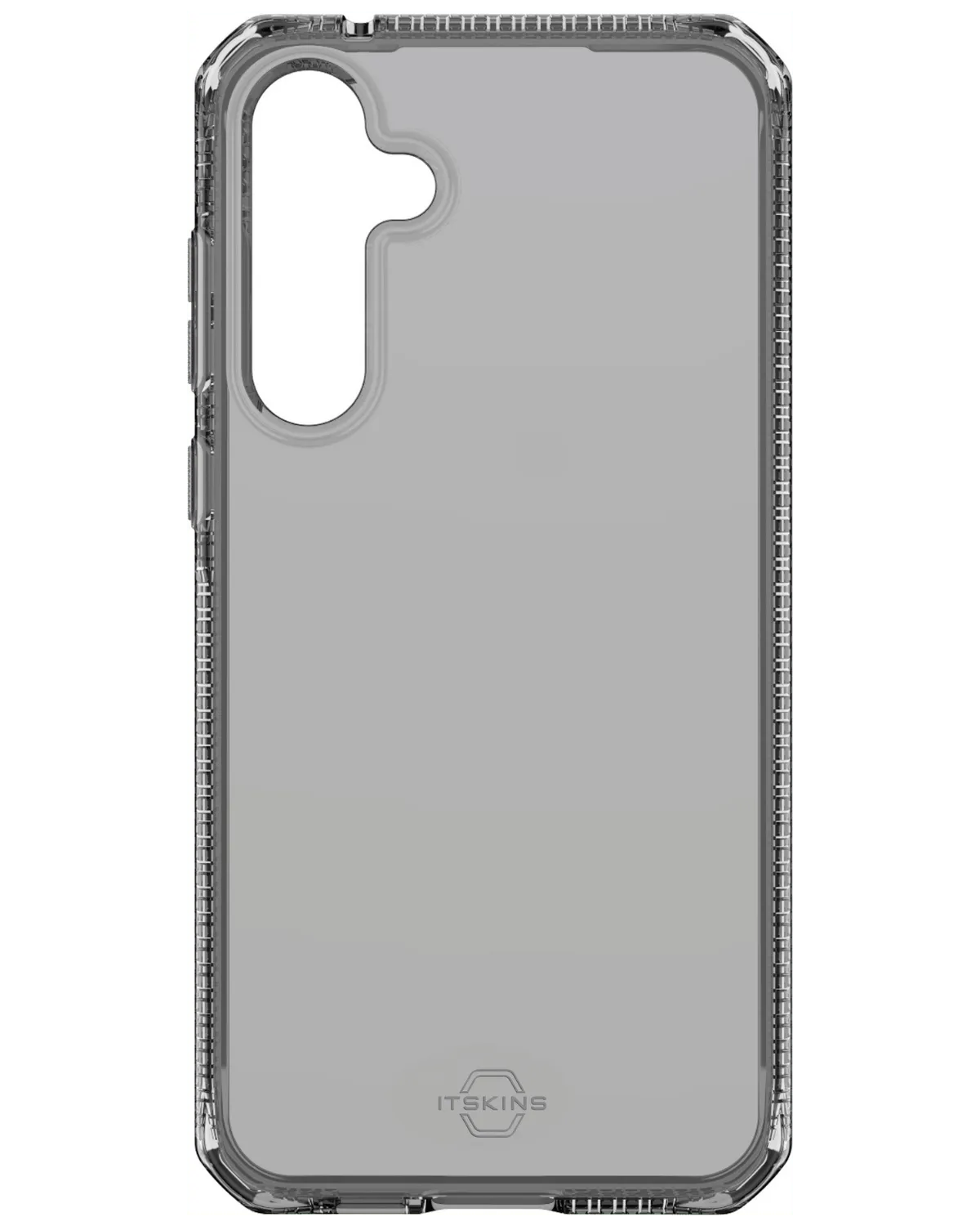 Rookgrijze beschermhoes van Itskins voor Galaxy A55 met duidelijke uitsparing voor de cameramodule.