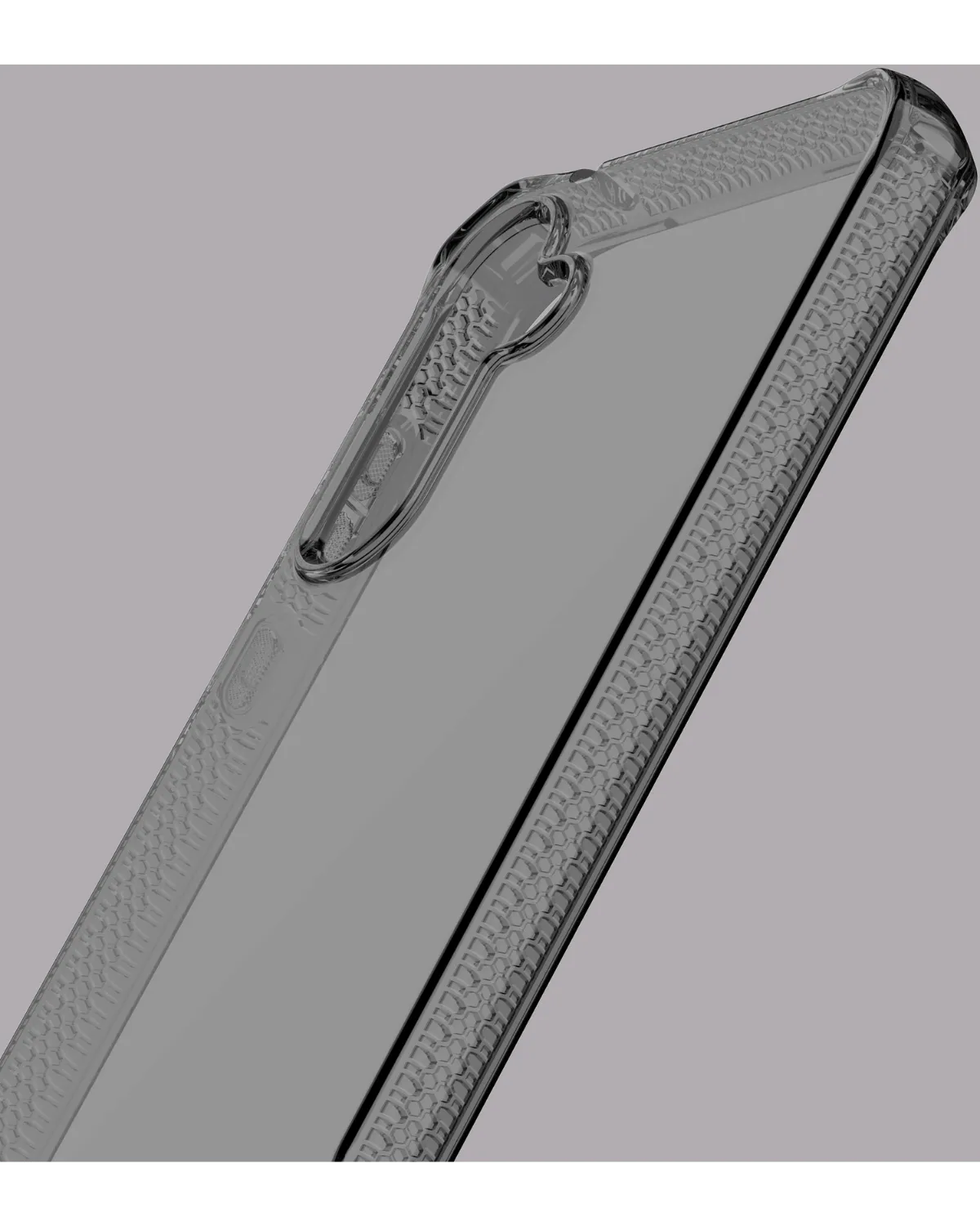 Zijaanzicht van de stevige Itskins SpectrumClear case met getextureerde randen voor extra grip.