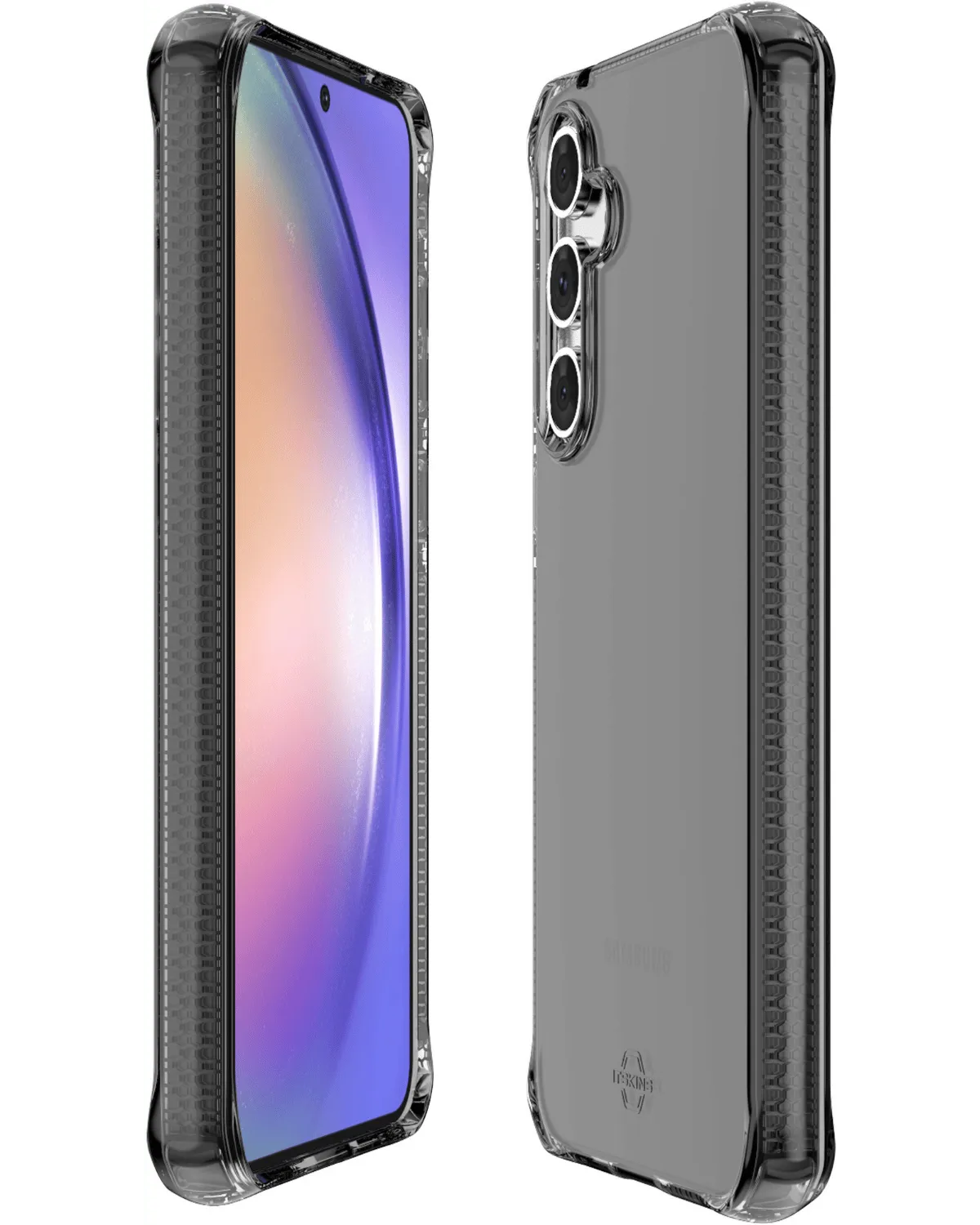 Voor- en achteraanzicht van Samsung Galaxy A55 in transparant rookgrijze Itskins case met stevige hoeken.