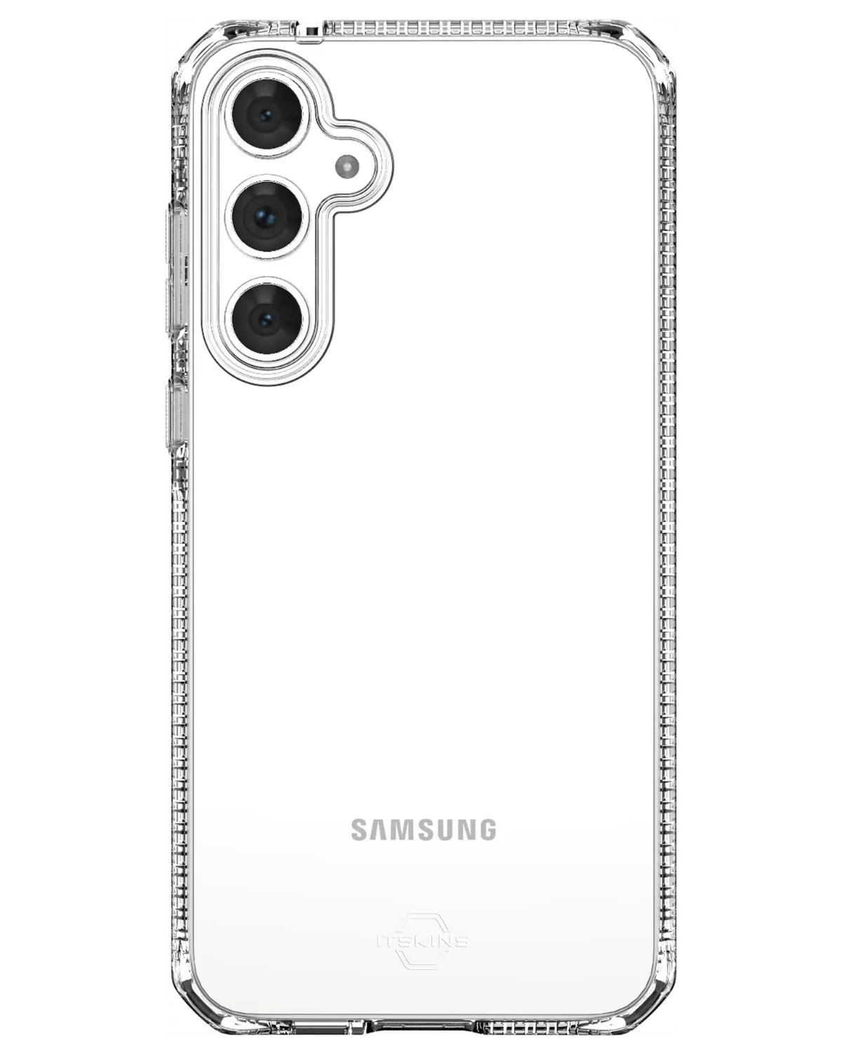 Samsung Galaxy A55 in transparant Itskins hoesje met driedubbele camera en strakke pasvorm.
