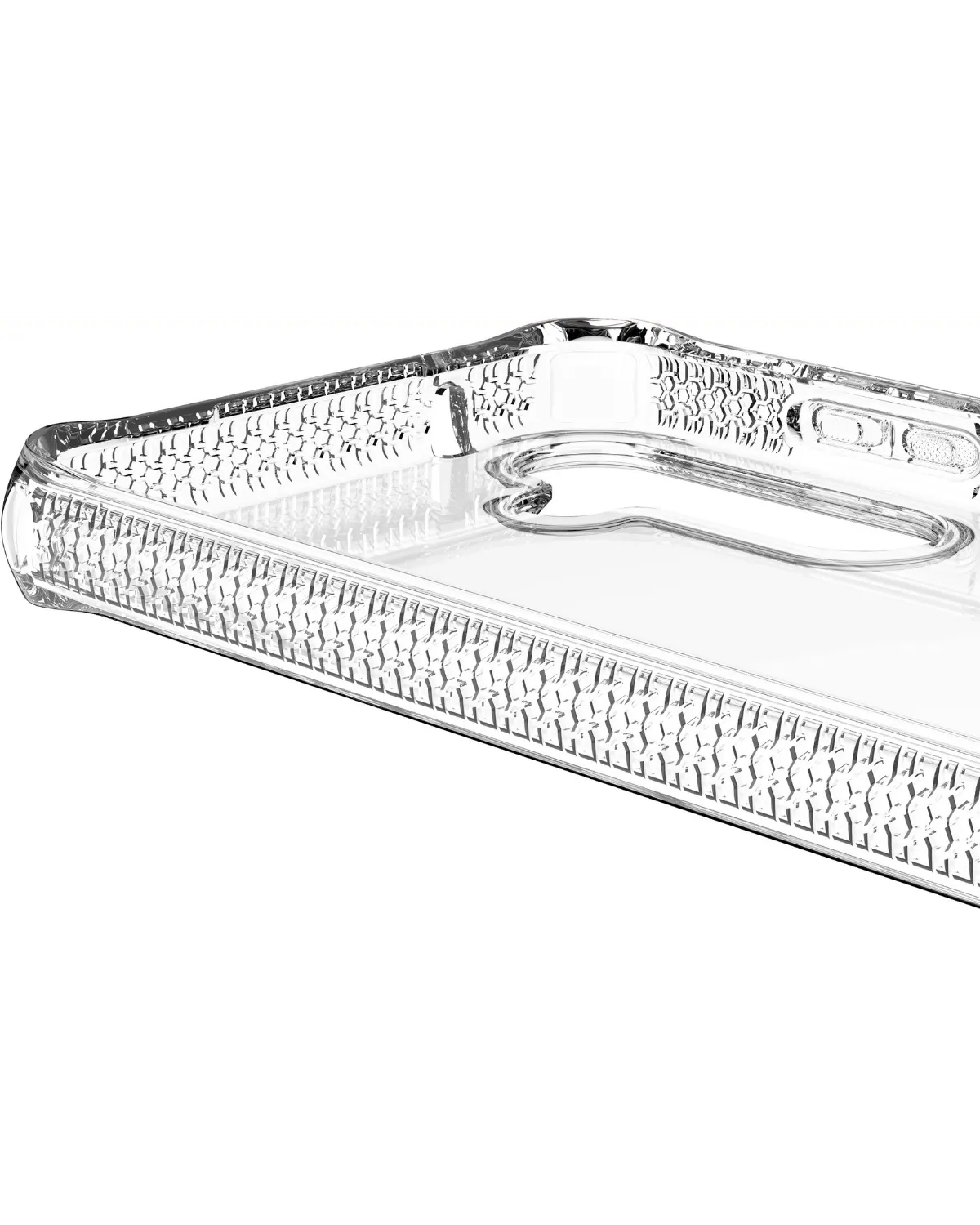 Close-up van zijkant van de transparante Itskins case met structuur voor extra grip.