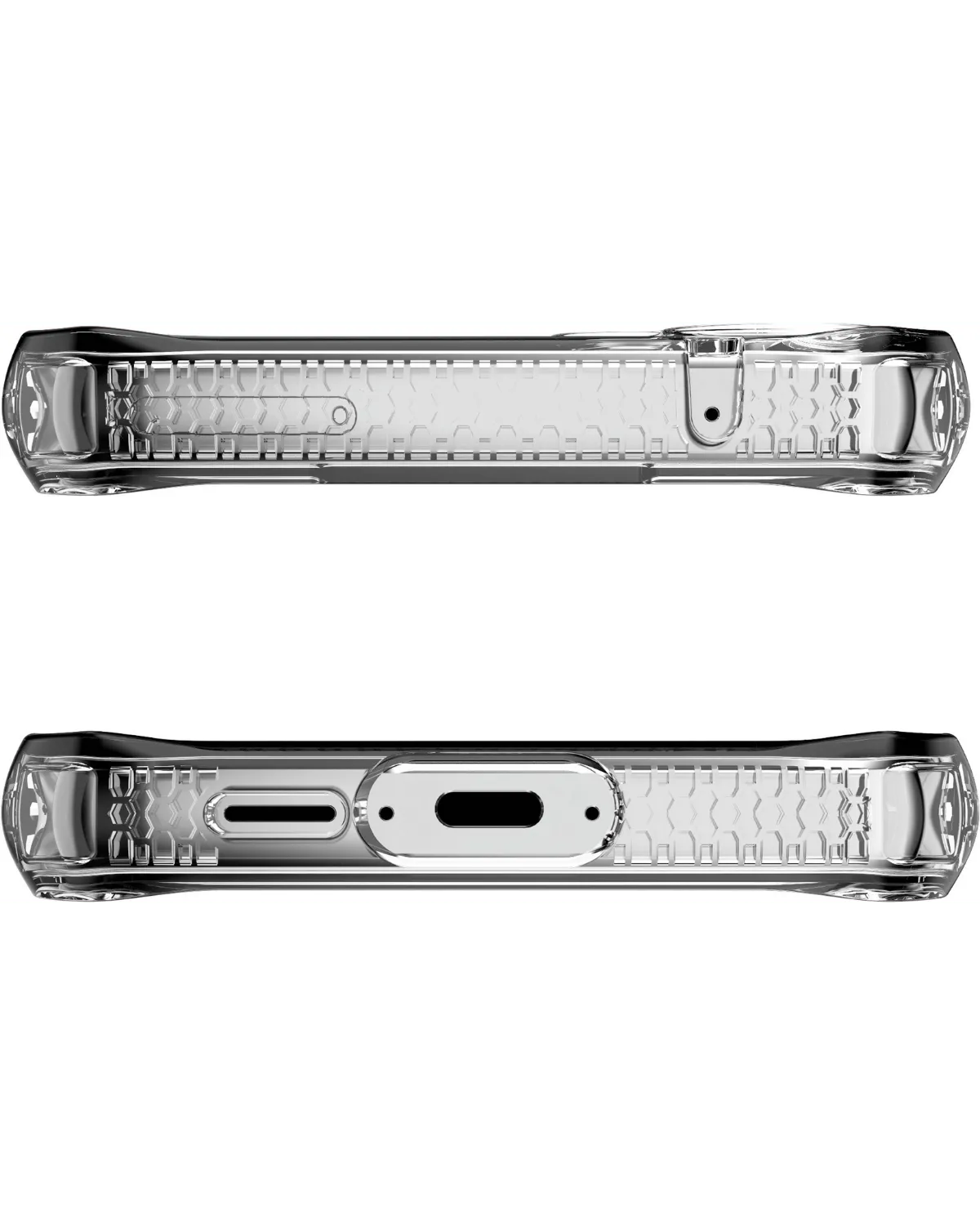 Onder- en bovenaanzicht van het Itskins hoesje met uitsparingen voor poorten en lanyard.