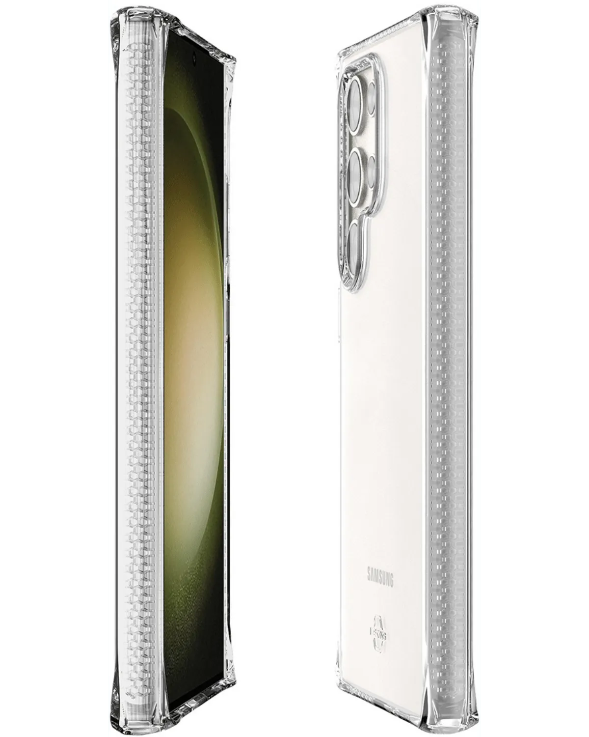 ITSKINS Spectrum Clear R case met honingraatstructuur langs de randen voor verbeterde valbescherming.