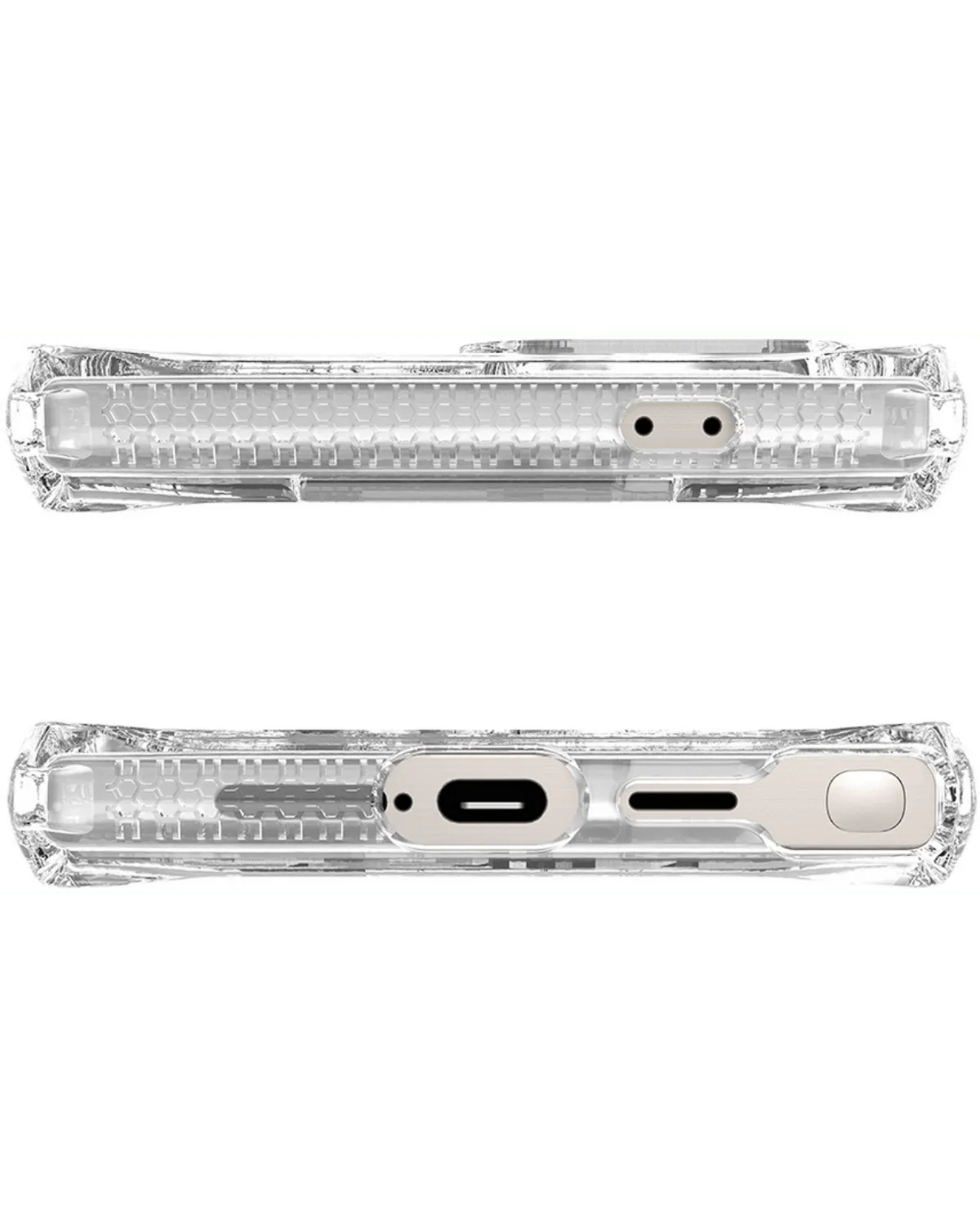 Onderkant van de ITSKINS Spectrum Clear R case met nauwkeurige uitsparingen voor poorten en luidsprekers.