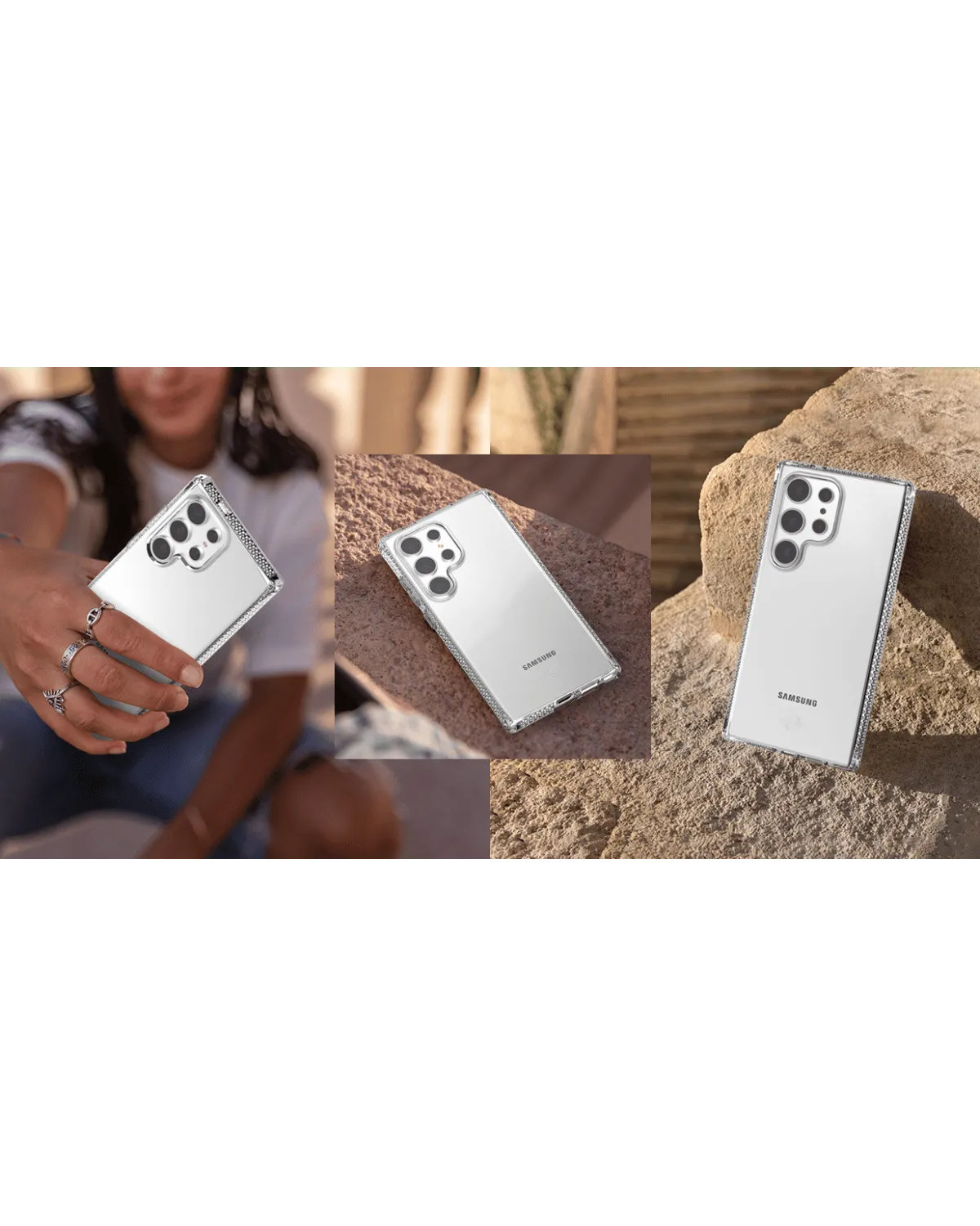 Lifestyle-afbeelding van het ITSKINS Spectrum Clear R hoesje op een Samsung Galaxy S24 Ultra, in een outdoor setting.