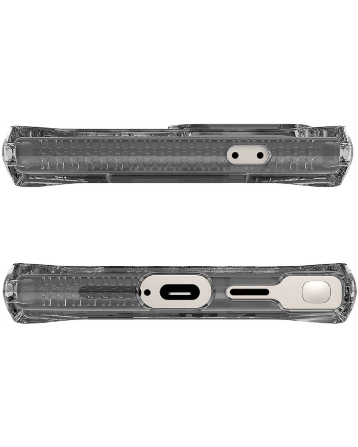 Onderkant van ITSKINS Spectrum Clear R hoesje met nauwkeurige uitsparingen voor poorten en luidsprekers.