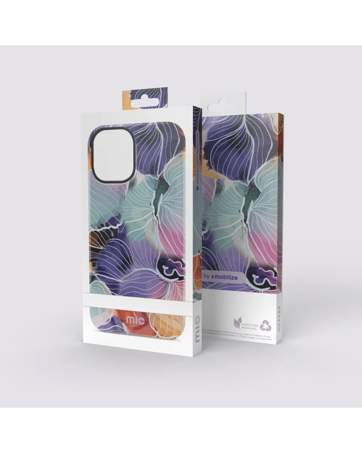 Productverpakking van het Mio Flowers hoesje voor Samsung A55 5G met kleurrijk bloemendesign zichtbaar.