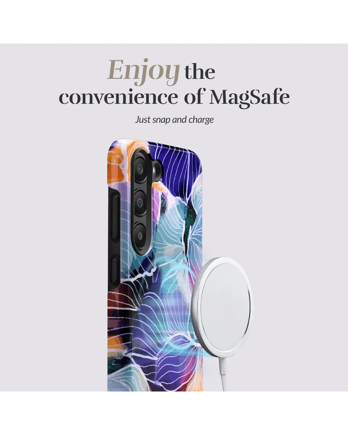 Samsung A55 5G in bloemenprint hoesje van Mio met MagSafe ondersteuning zichtbaar aan achterzijde.