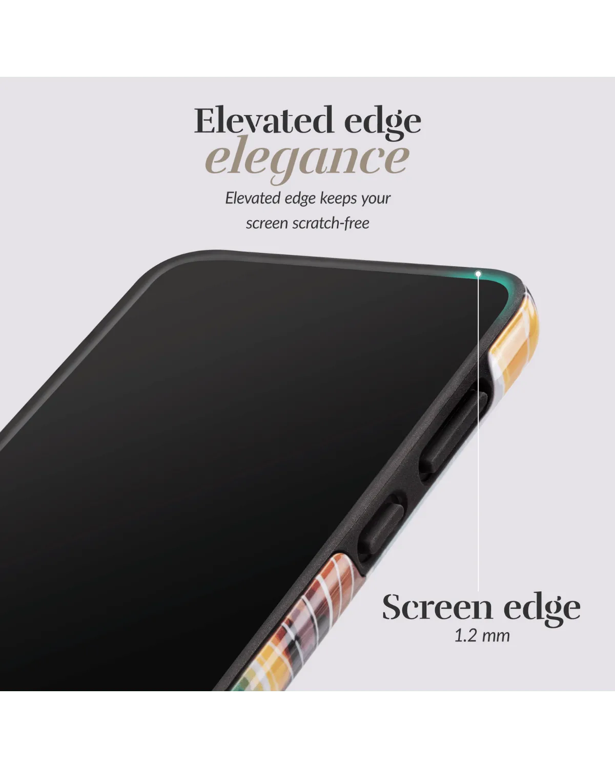 Close-up van verhoogde rand van het kleurrijke Mio hoesje ter bescherming van het scherm.