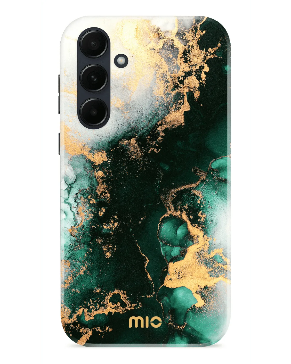 Donkergroen Mio By Mobilize telefoonhoesje met marmerlook en gouden accenten voor Samsung Galaxy A55 5G.