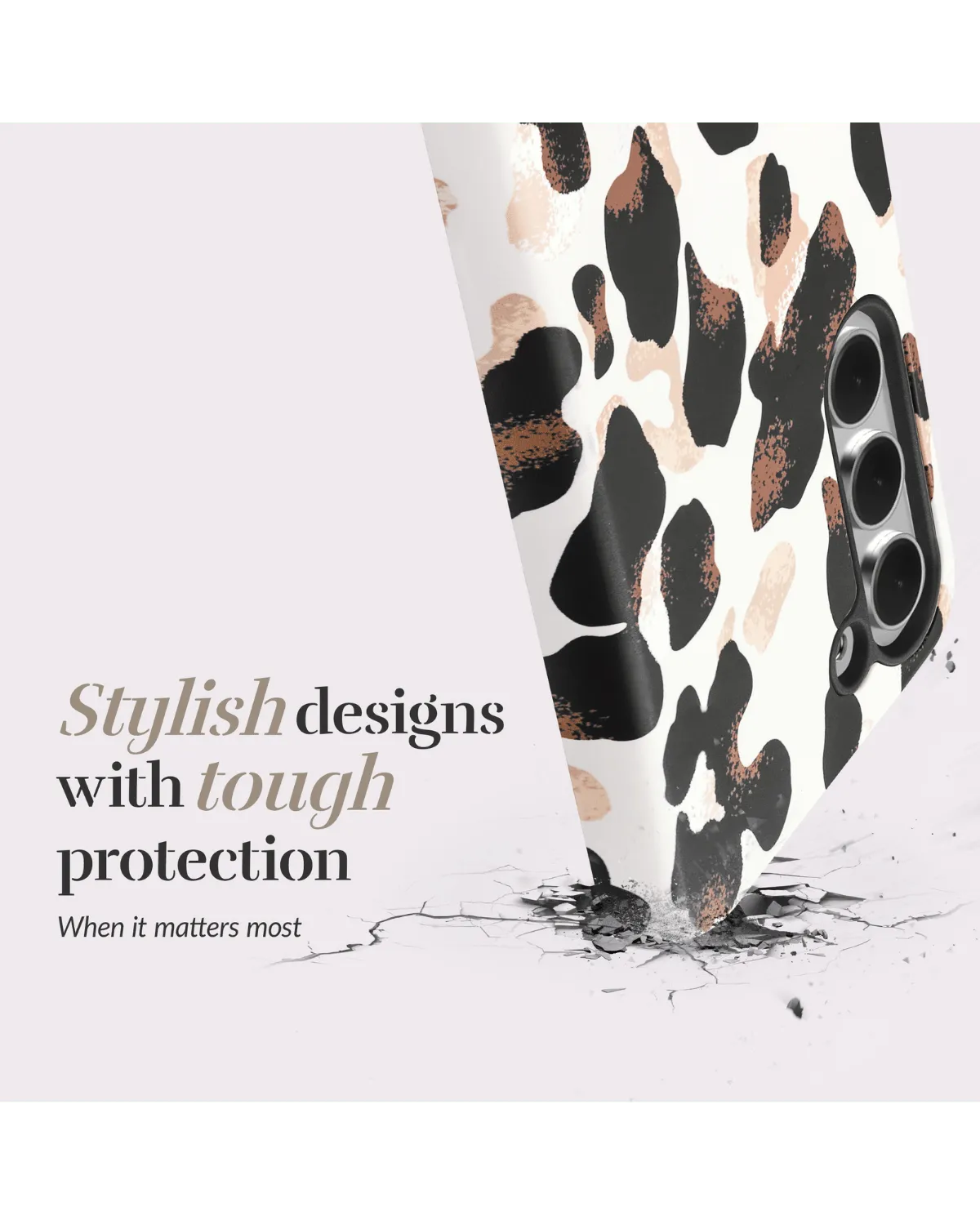 Valbestendige panterprint hoes van Mio By Mobilize die stevig op de hoek landt.