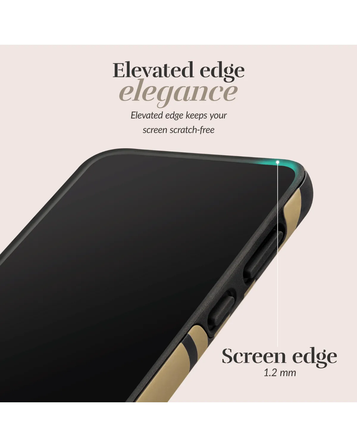 Close-up van verhoogde schermrand van Mio telefoonhoesje voor Galaxy A55, met zwartbruine print en matte knoppen.