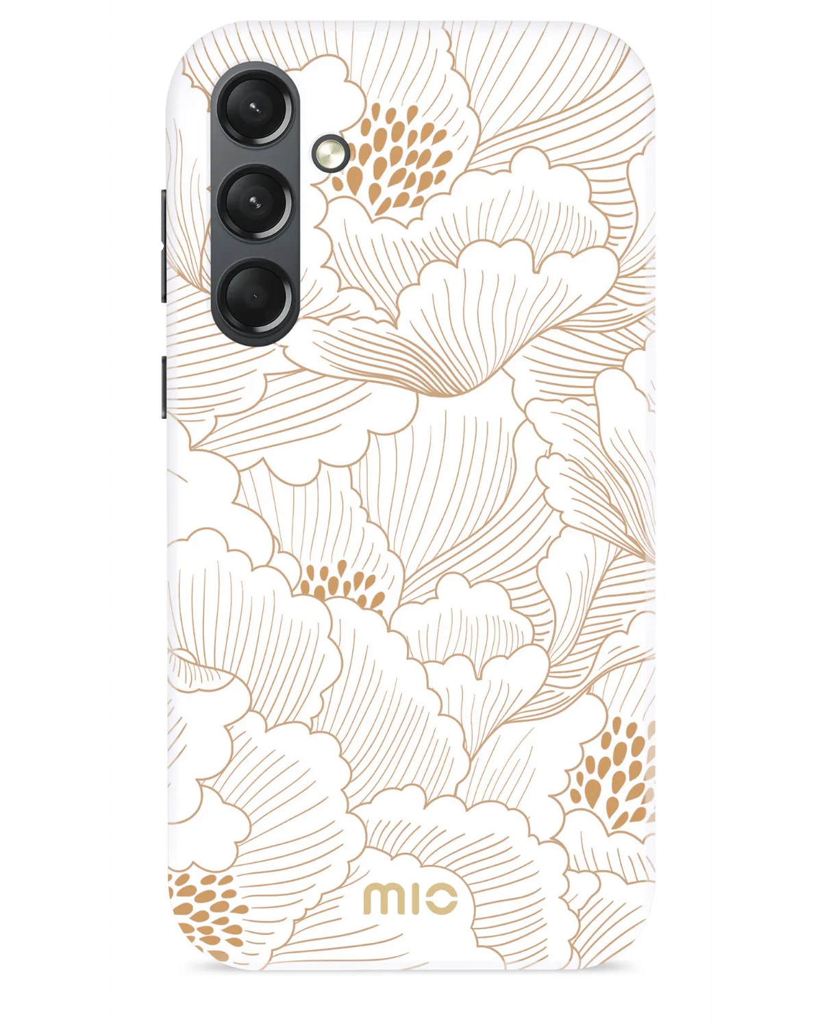 Mio White Roses MagSafe telefoonhoesje voor Samsung S24 Plus 5G - stijlvol wit design met gouden bloemen, schokbestendig en krasbestendig.