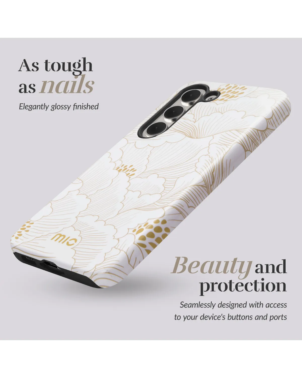 Mio White Roses telefoonhoesje met glossy afwerking - combineert schoonheid en bescherming voor je Samsung S24 Plus 5G.