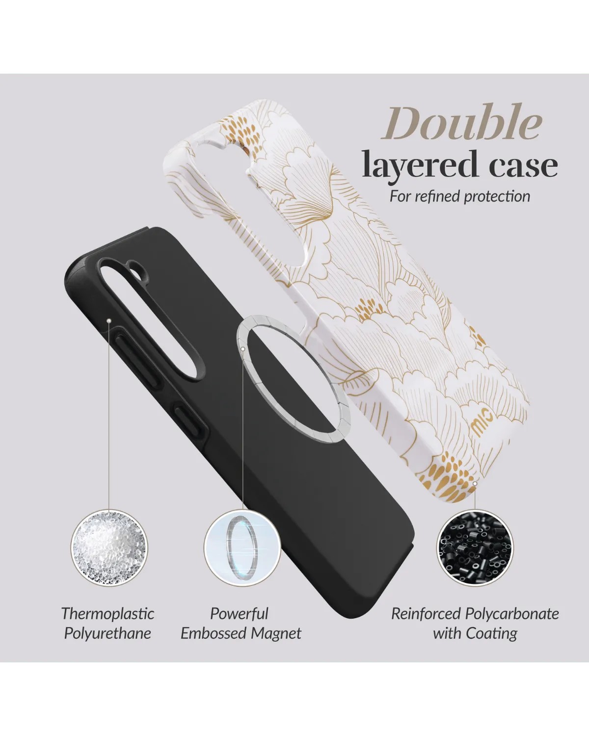 Dubbel gelaagd design - Mio White Roses hoesje met TPU en polycarbonaat voor optimale val- en schokbescherming.
