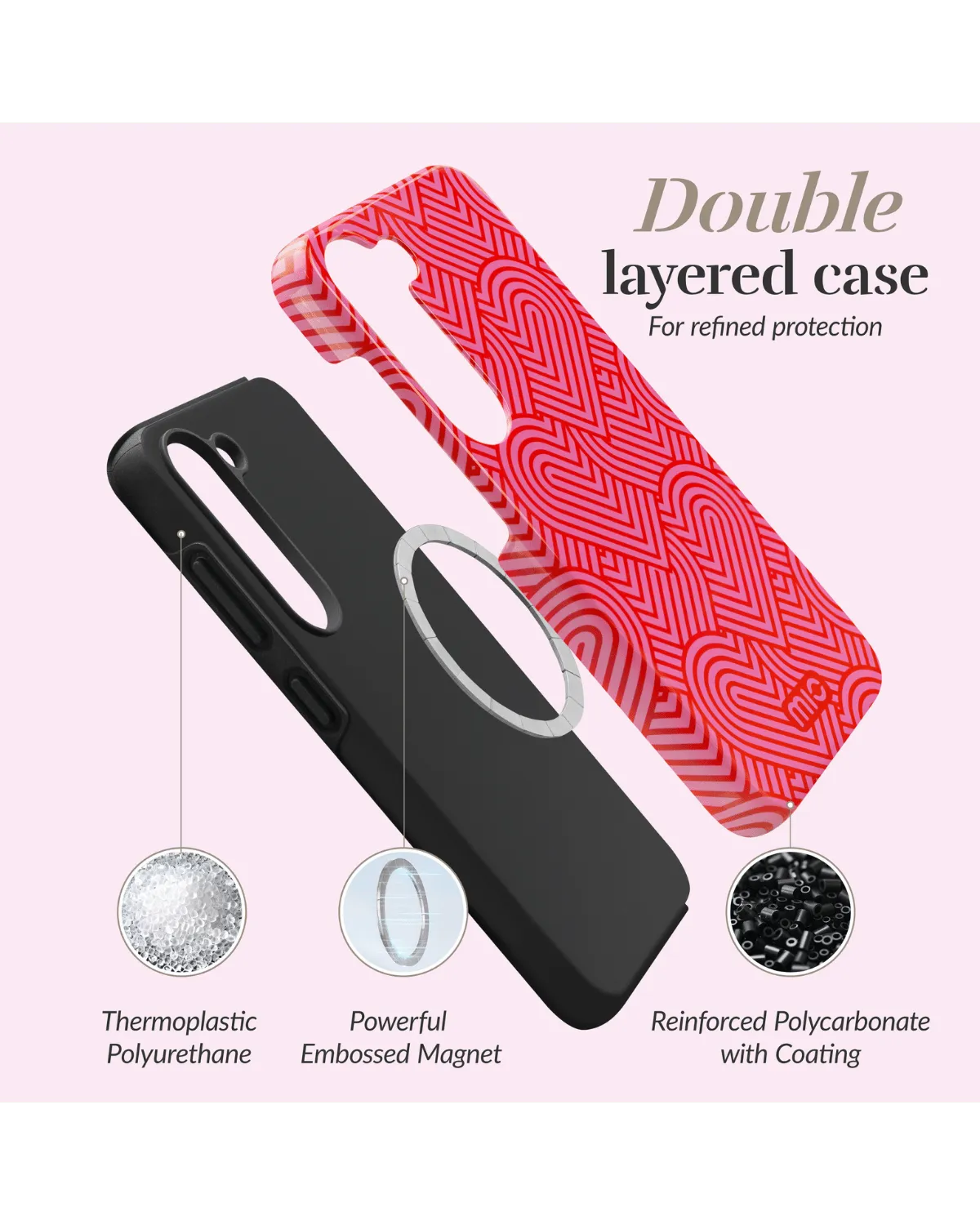 Opbouw van het dubbele Mio hoesje in roze hartjesdesign met magnetische ring voor Samsung A55 5G.