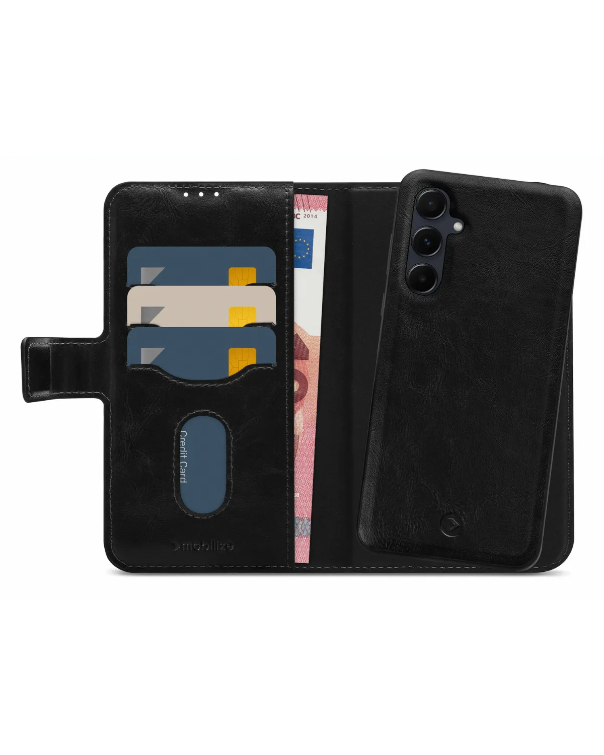 Zwart 2-in-1 wallet hoesje van Mobilize voor Samsung Galaxy A55 5G met ruimte voor pasjes en briefgeld