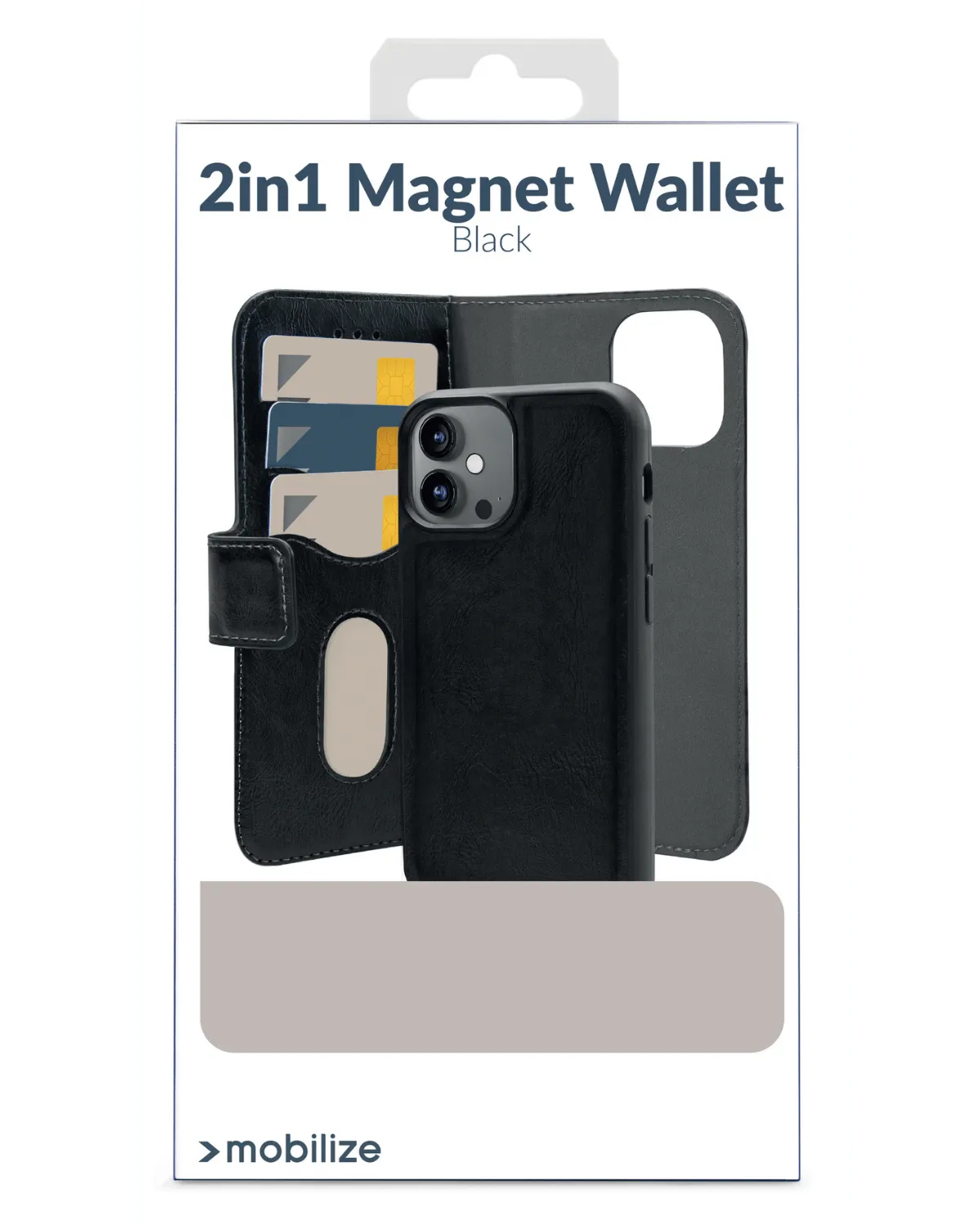 Productverpakking van het zwarte 2-in-1 Magnet Wallet hoesje van Mobilize voor Galaxy A55 5G