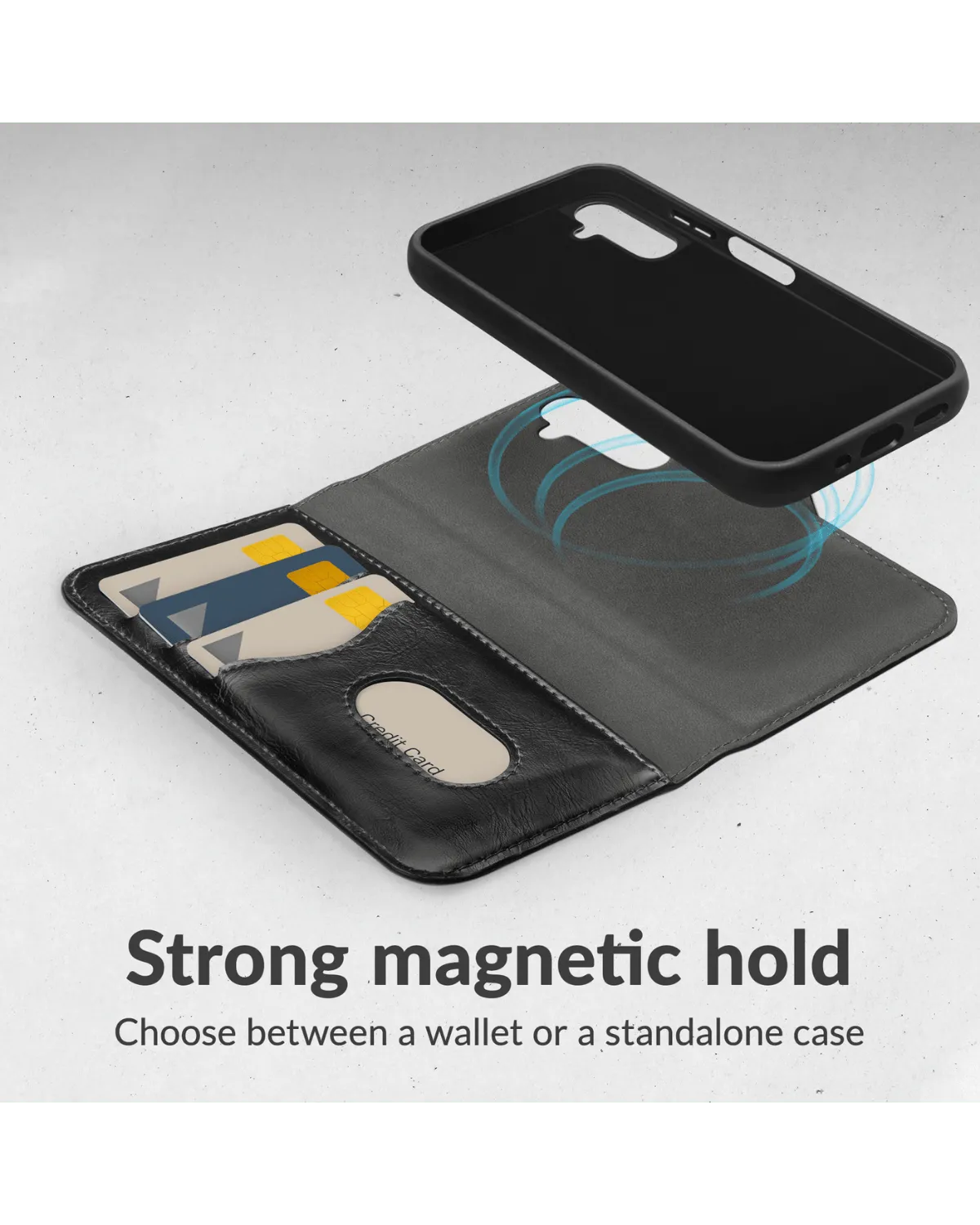 Mobilize 2-in-1 hoesje met sterke magnetische bevestiging, los te gebruiken als wallet of standalone case.