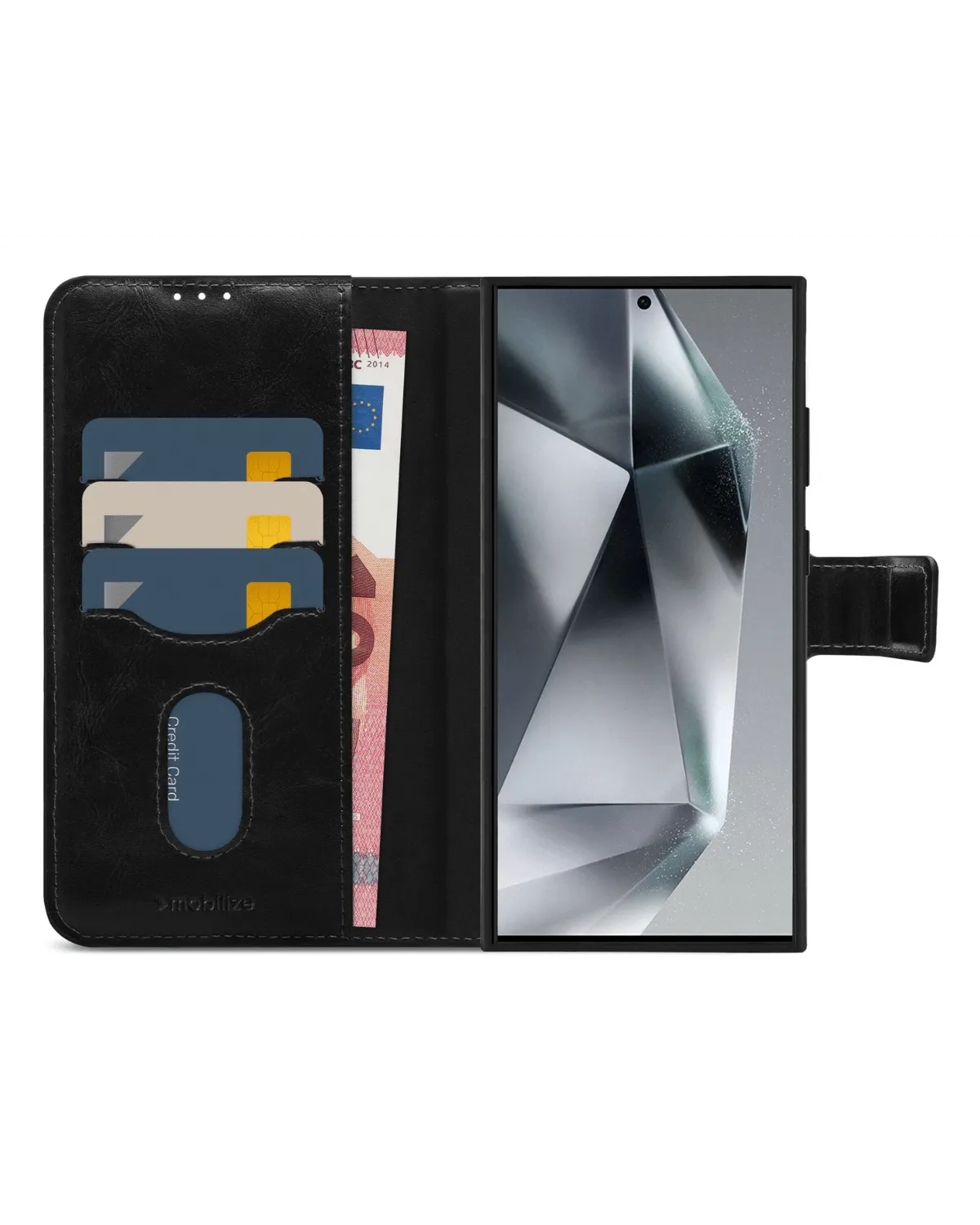 Mobilize wallet case voor Samsung Galaxy S24 Ultra, opengeklapt met telefoon en kaarthouders.