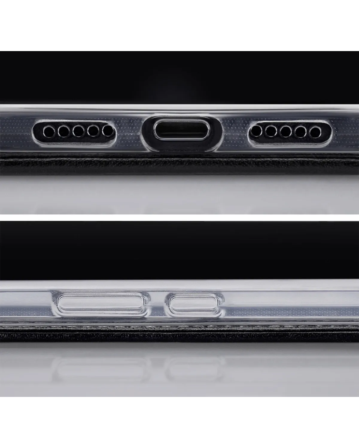 Gedetailleerde uitsparingen voor poorten en knoppen van de Mobilize Classic Gelly Wallet Case, compatibel met de Samsung Galaxy S24 5G.