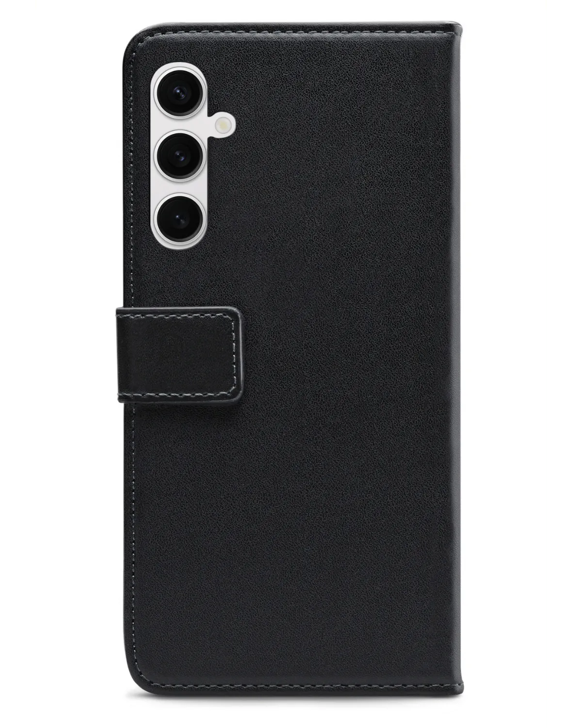 Achterzijde van de zwarte Mobilize wallet case voor Samsung Galaxy S24 FE 5G, met camera-uitsparing.