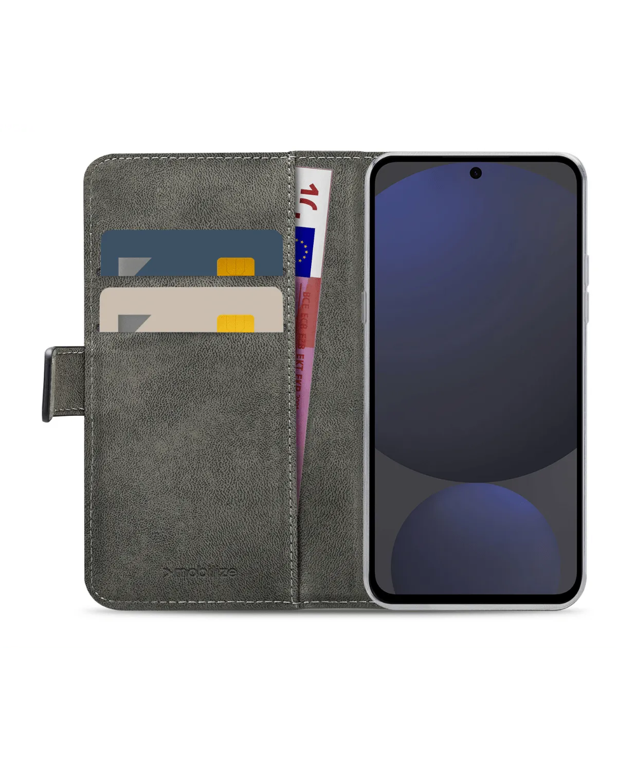 Binnenkant van de zwarte Mobilize wallet case met kaartsleuven en ruimte voor contant geld.