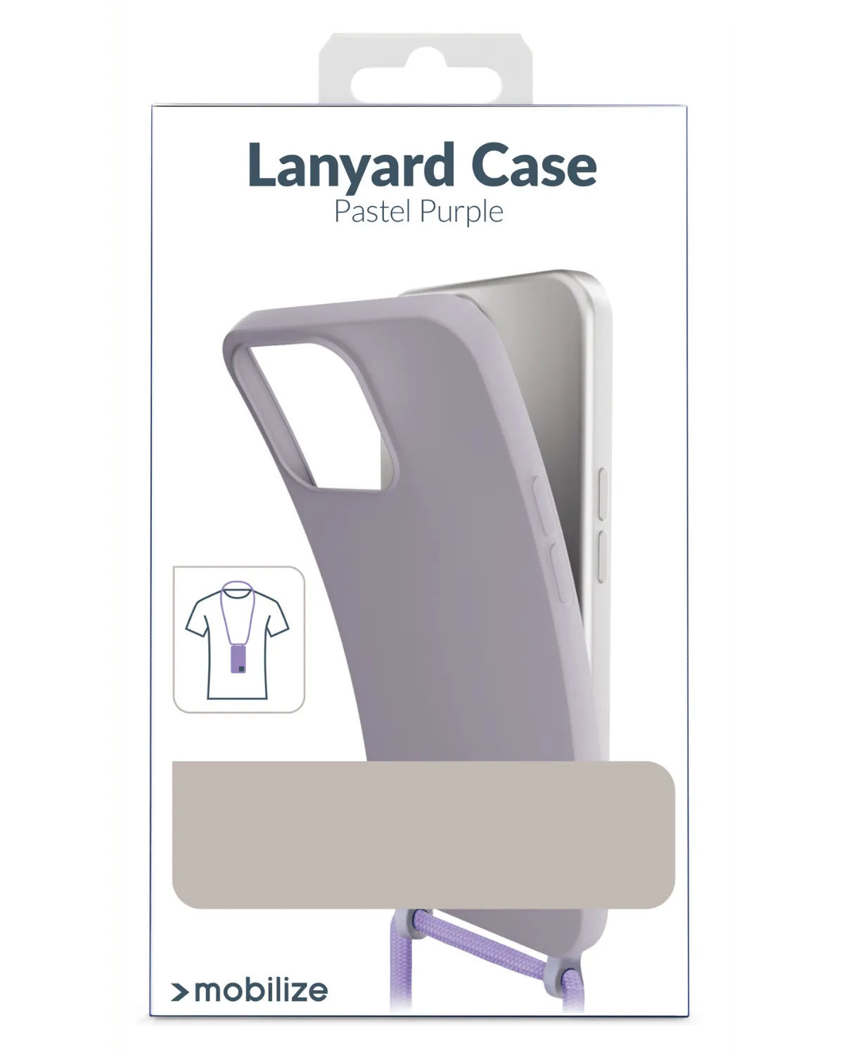 Verpakking van pastel paarse Mobilize Lanyard Case voor Samsung Galaxy A55 5G, met koord voor om de nek.