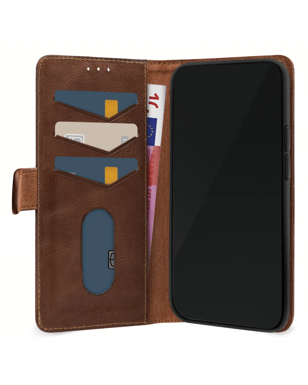 Opengeklapte leren Mobilize hoes voor Samsung Galaxy A55 met kaarthouders en ruimte voor papiergeld.