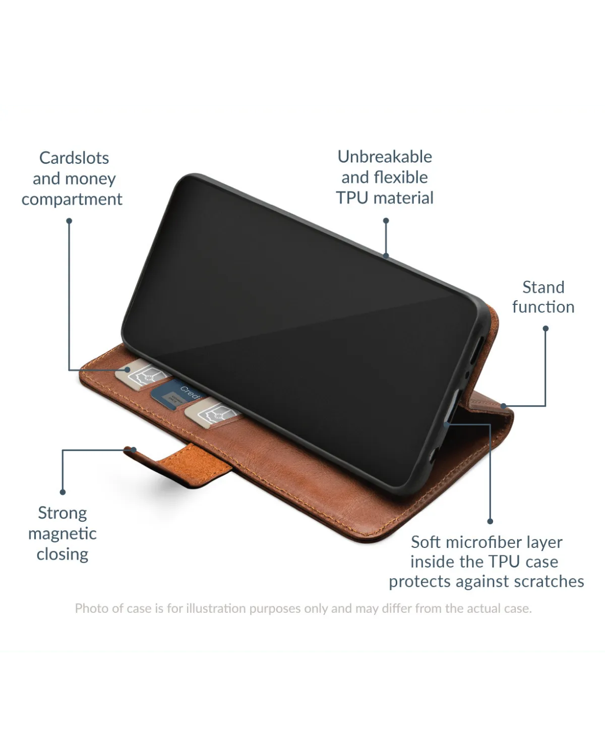 Open bruin leren telefoonhoesje voor Samsung Galaxy A55 met kaartsleuven, standfunctie en magnetische sluiting. TPU materiaal.