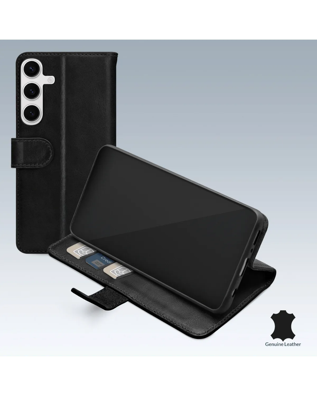 Mobilize Leather Wallet Case geopend, toont ruimte voor pasjes en een kickstand functie voor de Samsung Galaxy S24 Plus 5G.