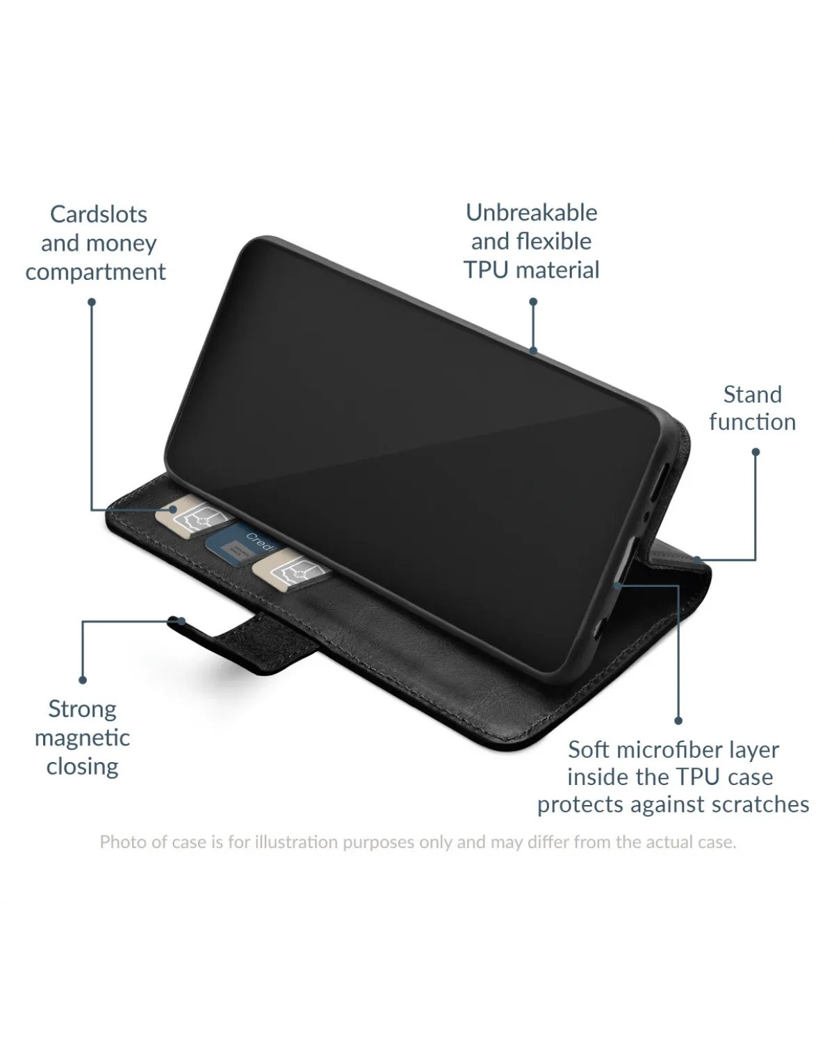 Zwarte leren wallet case met standfunctie en zachte binnenkant tegen krassen, geschikt voor Samsung Galaxy S24 Ultra 5G.