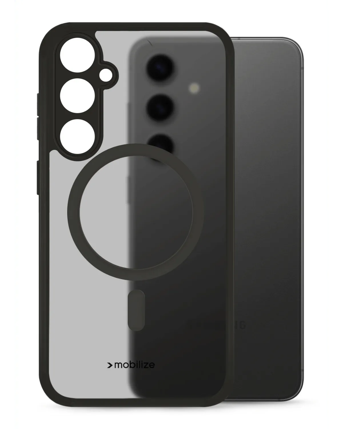 Hybride telefoonhoesje met MagSafe-compatibiliteit en zwarte randen, biedt stevige bescherming.