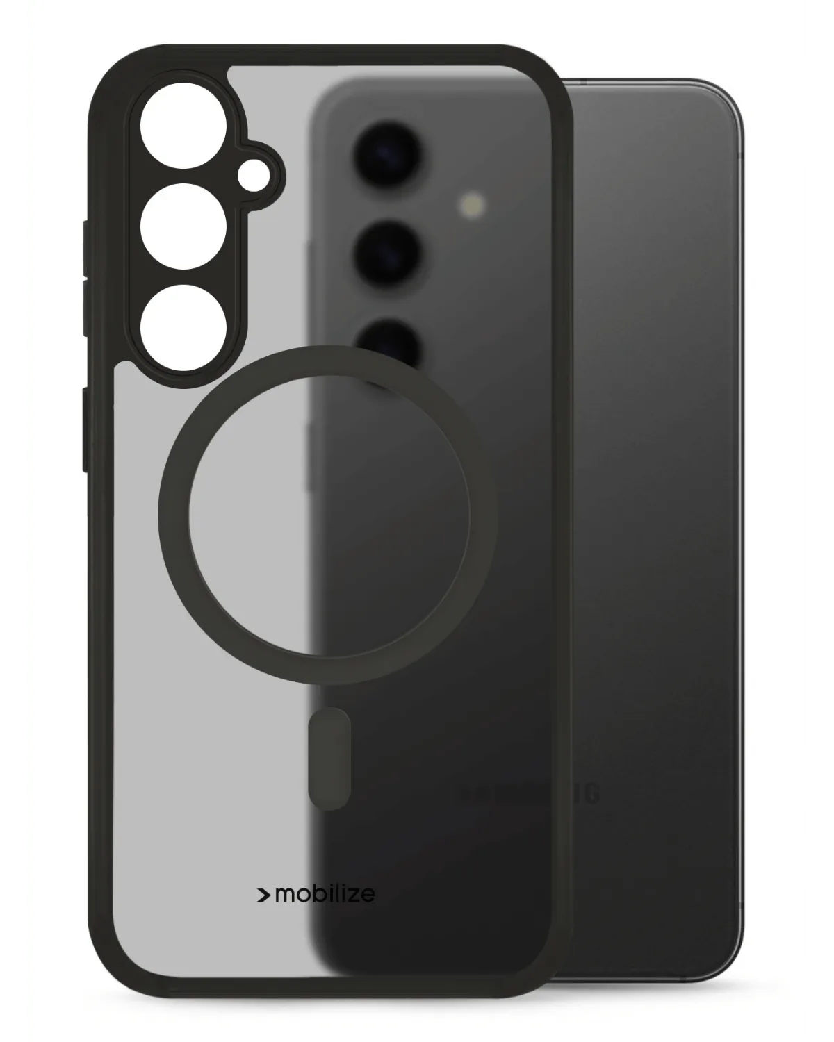 Zwart MagSafe-compatibel hybride hoesje voor Samsung Galaxy S24 FE 5G, met transparant design en sterke bescherming.