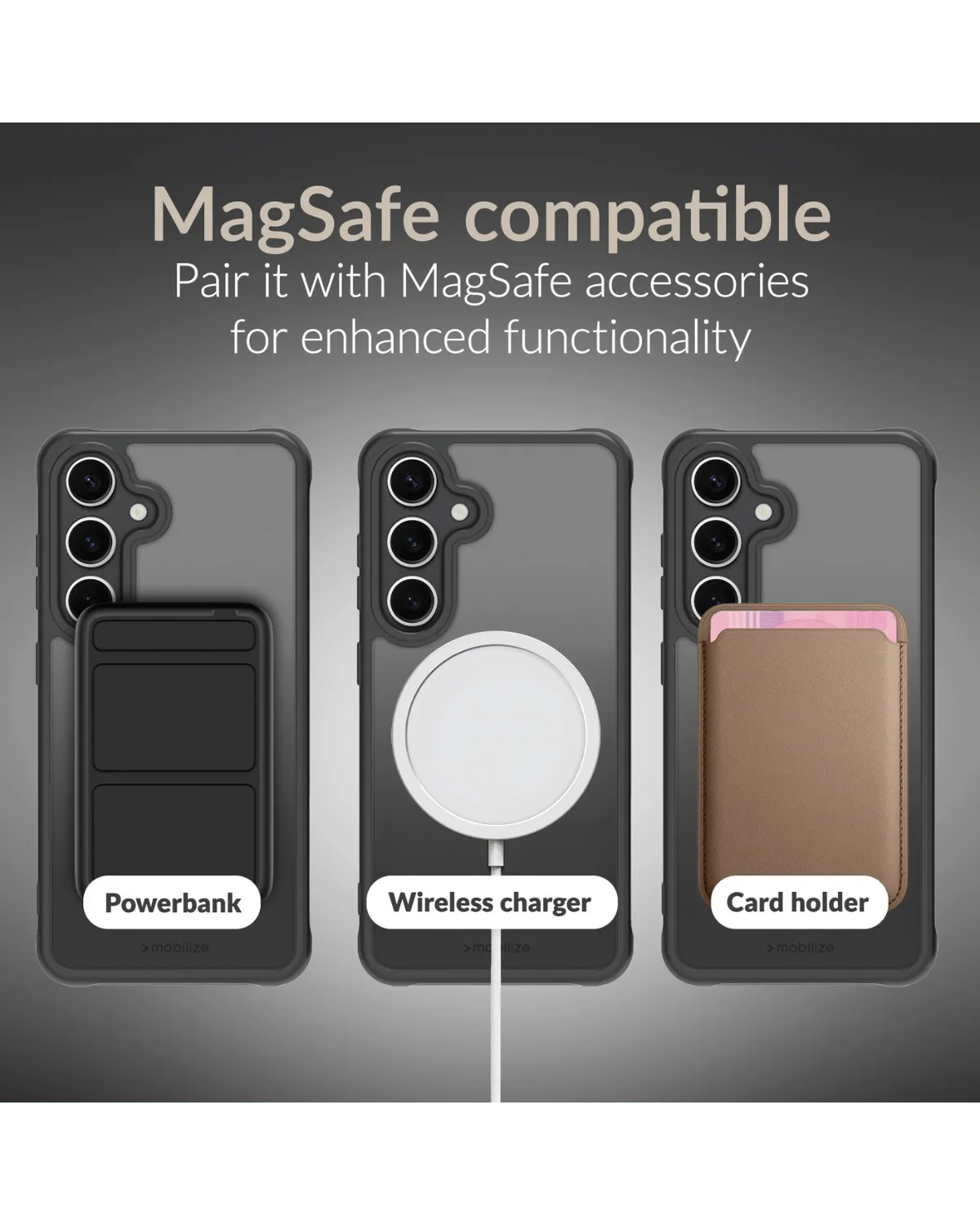 Zwart Mobilize MagSafe telefoonhoesje, compatibel met accessoires zoals powerbanks, draadloze opladers en kaarthouders.