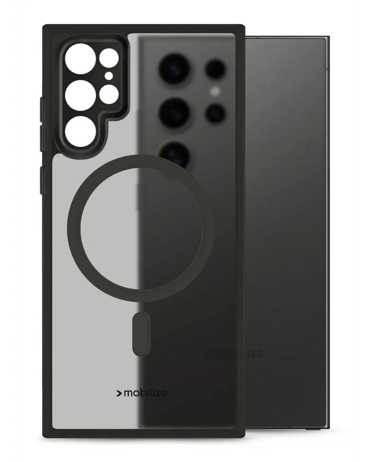 Mobilize MagSafe-compatibel hybride hoesje voor Samsung Galaxy S24 Ultra 5G, transparant met zwarte randen.
