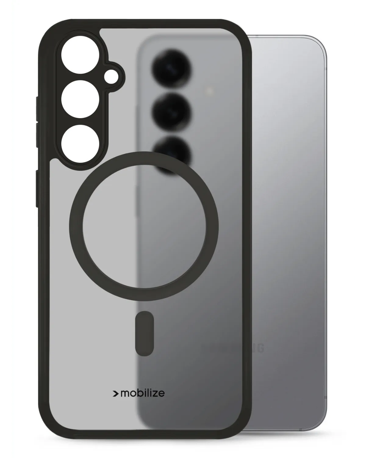 Zwart Mobilize MagSafe-compatibel hybride hoesje voor Samsung Galaxy S25 5G, met transparante achterkant.