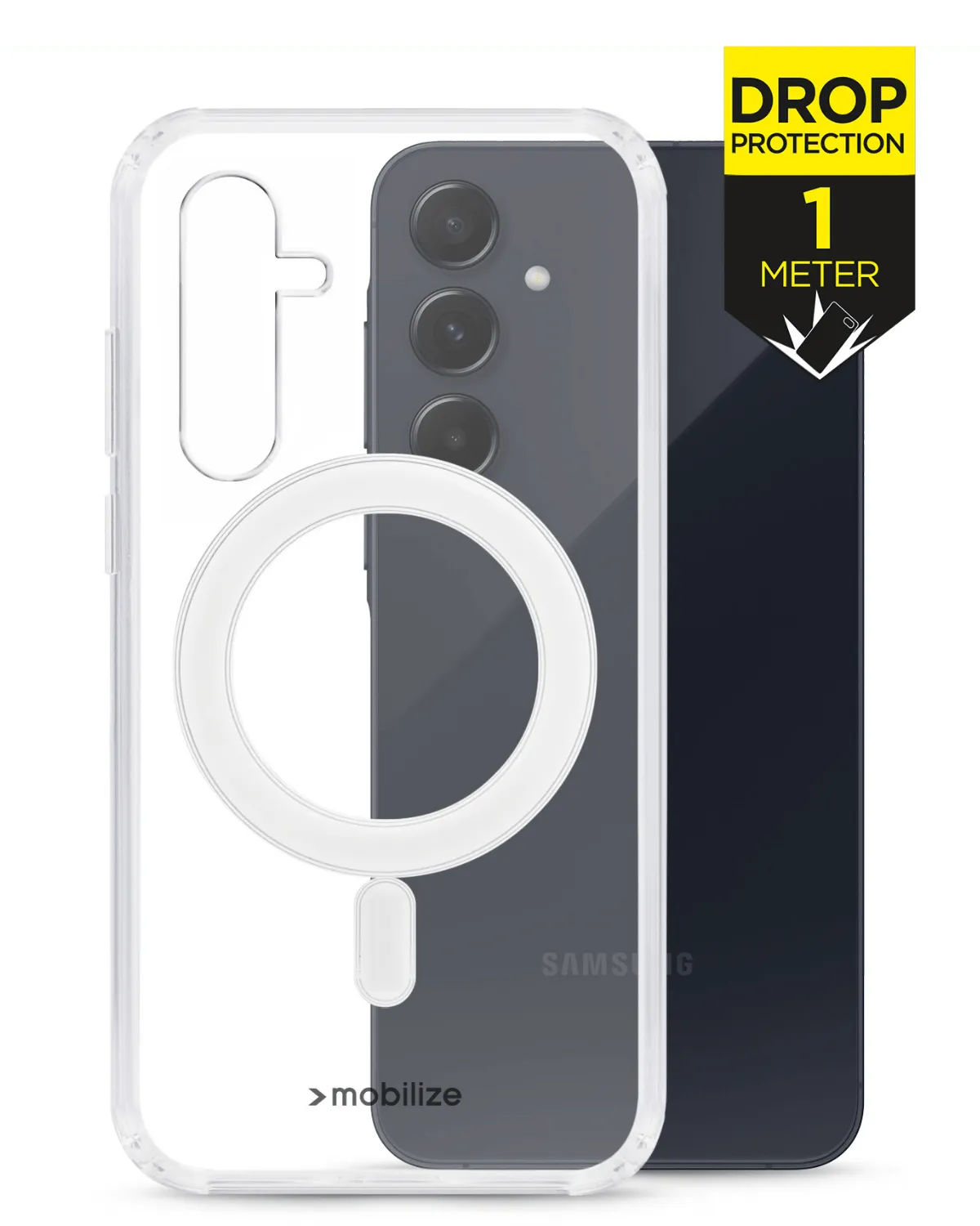 Transparant Mobilize Naked Protection hoesje met MagSafe voor Samsung Galaxy A55 5G, 1 meter valbescherming zichtbaar.