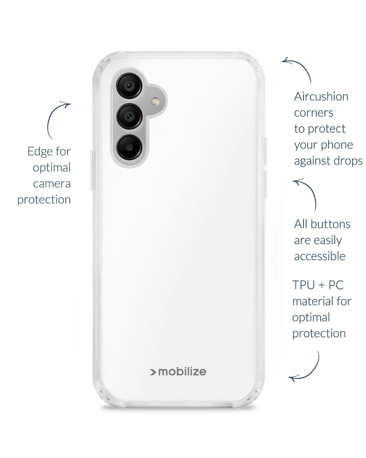 Transparant TPU en polycarbonaat hoesje voor Samsung Galaxy A55 met schokabsorberende hoeken en verhoogde camerabescherming.