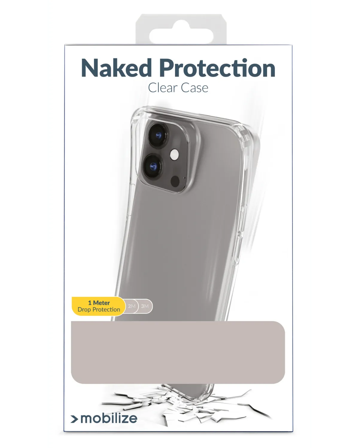 Verpakking van het Mobilize Naked Protection transparante telefoonhoesje met 1 meter valbescherming.