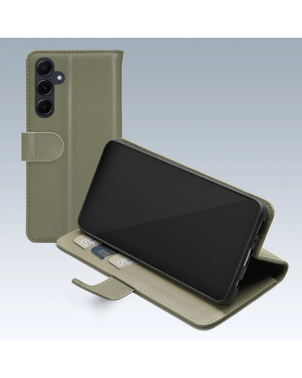 Groene Mobilize Wallet Book case voor Samsung Galaxy A55 5G, gesloten en in kickstand-positie met zicht op pashouders.