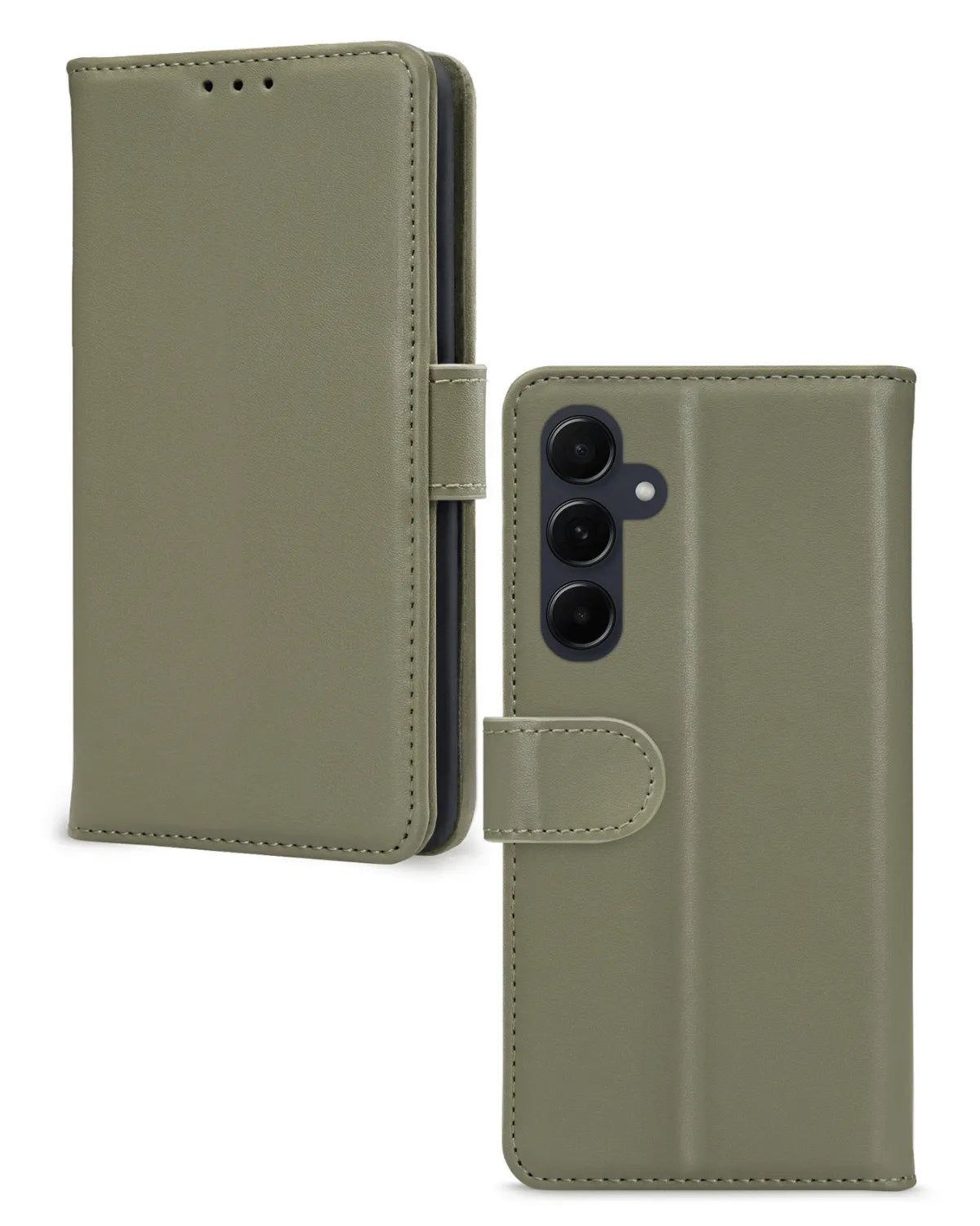 Voor- en achterzijde van groene Mobilize Wallet Book case voor Samsung Galaxy A55 5G, met magnetische sluiting en camera-uitsparing.