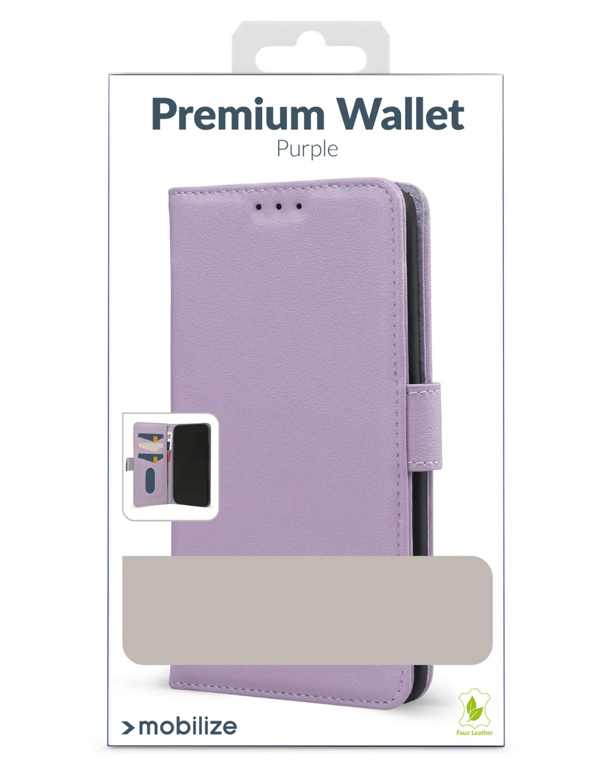 Verpakking van de paarse Mobilize Premium Wallet Book Case voor Samsung Galaxy S24 FE 5G.