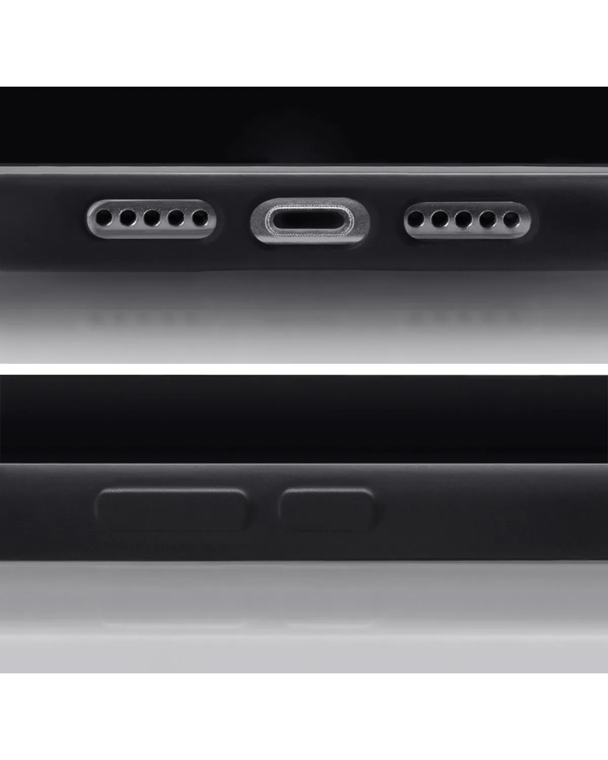 Close-up van de Samsung Galaxy A55 hoes met precieze uitsparingen voor oplaadpoort en luidsprekers, en zichtbare knoppen.