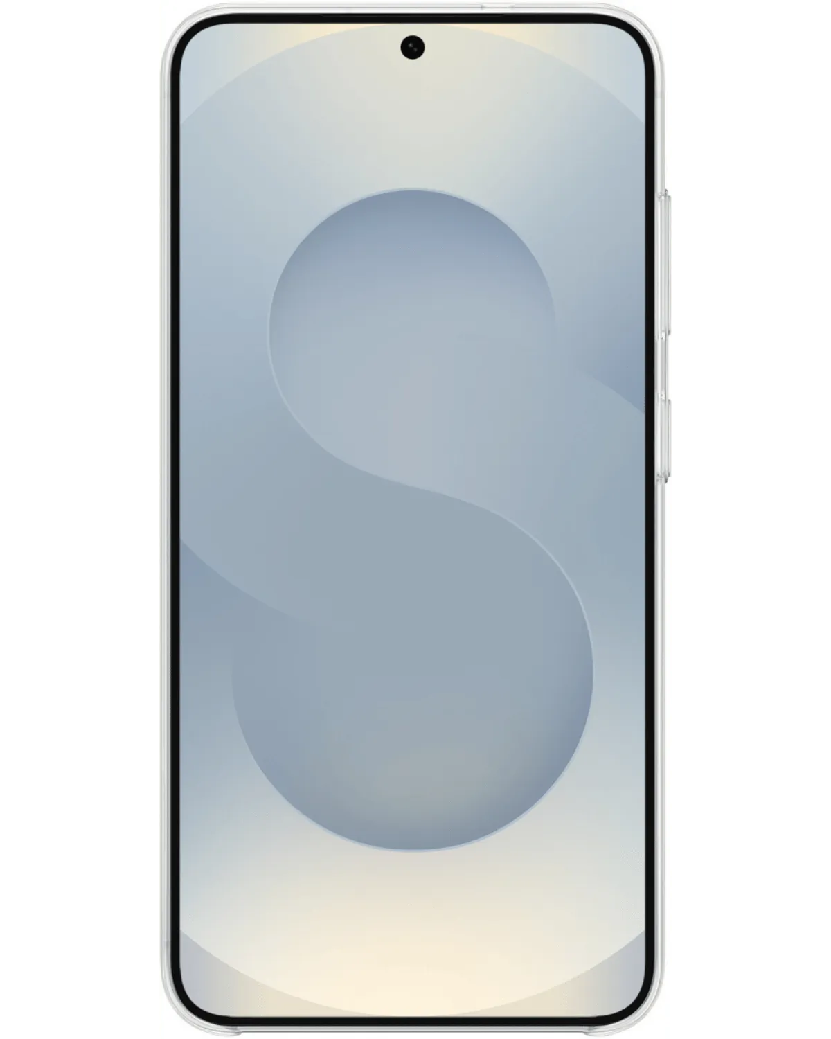 Vooraanzicht van de Samsung Galaxy S25 5G met transparante randen en een centraal geplaatste camera.