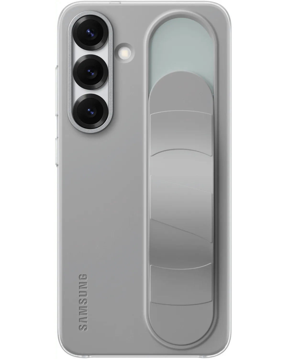 Achterkant van de grijze Samsung Standing Grip Case voor de Galaxy S25 5G, met uitschuifbare grip voor extra houvast.
