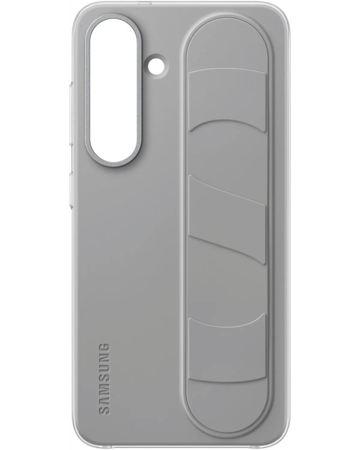 Buitenkant van de grijze Samsung Standing Grip Case voor de Galaxy S25 5G, met zachte voering en uitsparing voor de camera.