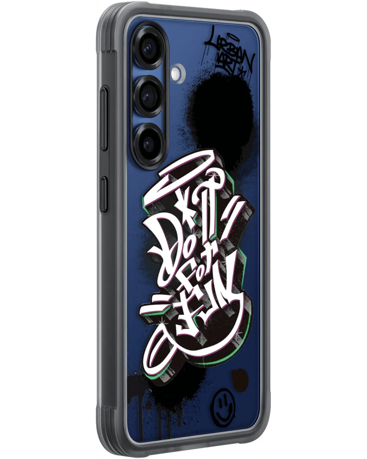 Zijkant van de Samsung Flipsuit Case met stevig frame en kunstzinnig graffiti-ontwerp in zwart en blauw.