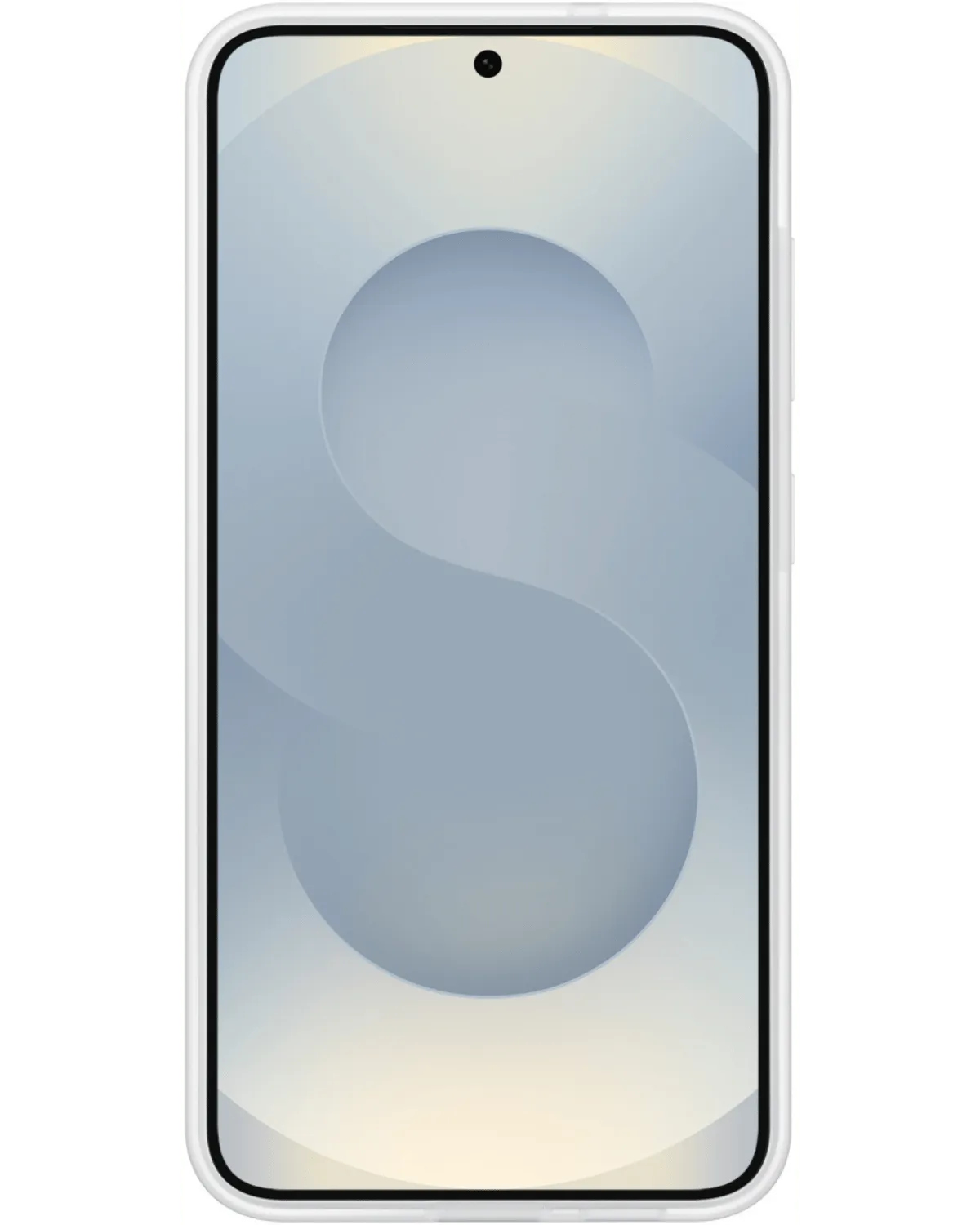 Vooraanzicht van een Samsung Galaxy S25 met transparante Flipsuit Case, subtiel ontwerp met beschermende randen.